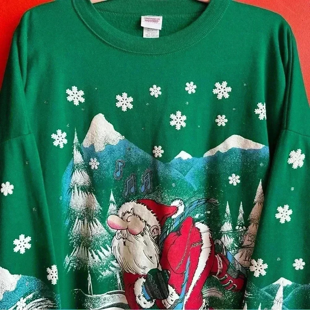 Vintage 90s puffy paint skiing Santa Christmas pullover size 22W - Picture 2 of 7